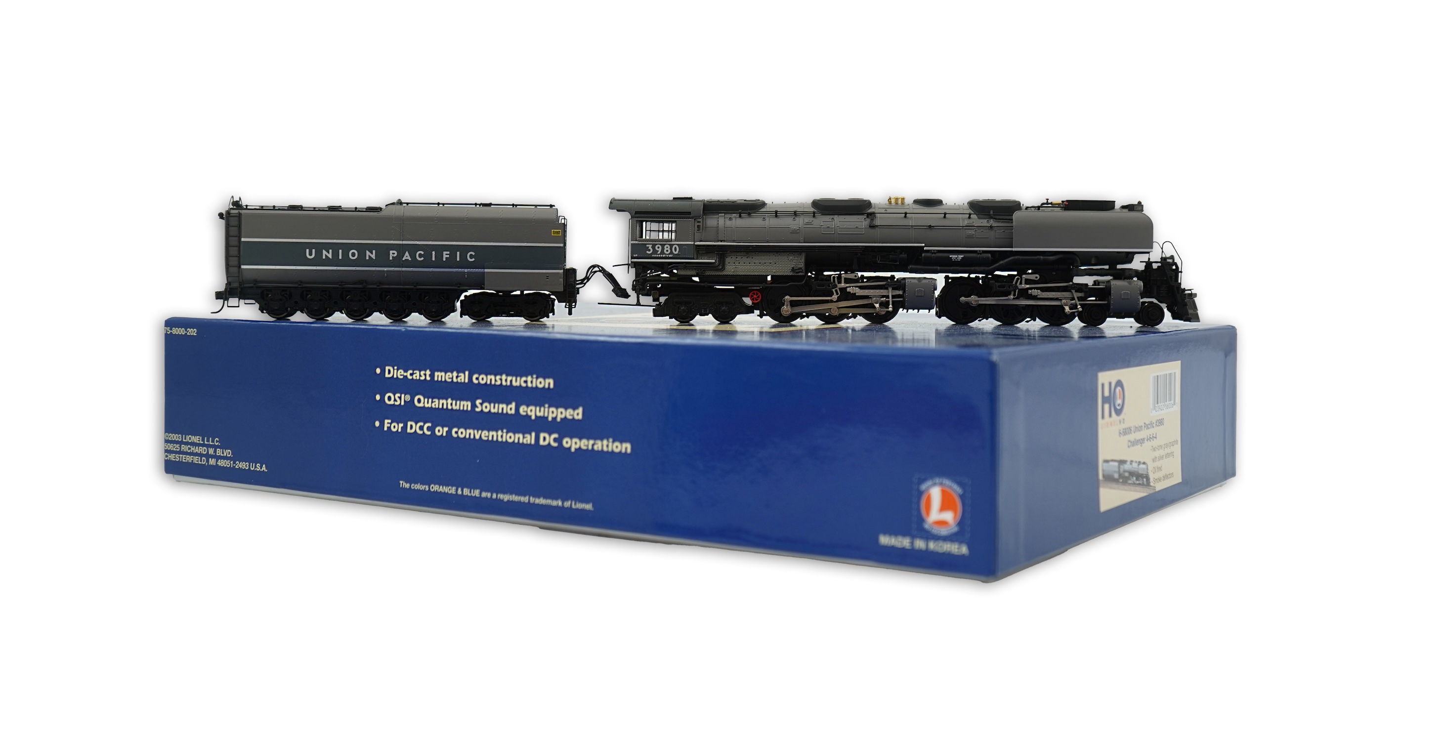 A boxed HO gauge Lionel (6-58006) model of Union Pacific Challenger, 3980, 4-6-6-4 tender locomotive, powered for two rail operation.
